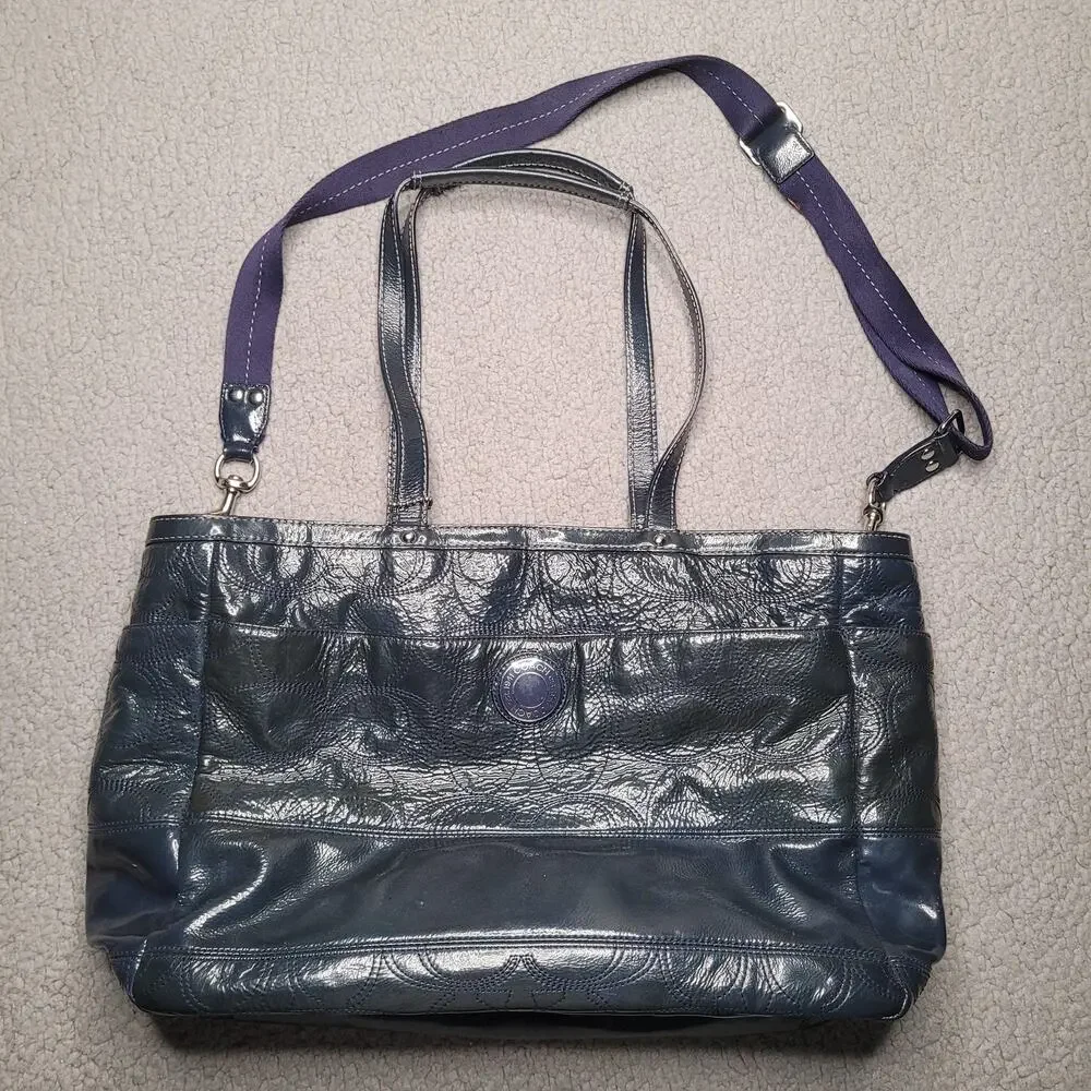 Coach Bag Patent Leather Shiny Navy Blue Tote Diaper Baby Lined Pockets Tote
